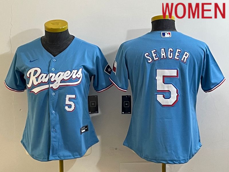 Women Texas Rangers 5 Seager Light Blue Game Nike 2023 MLB Jersey style 2